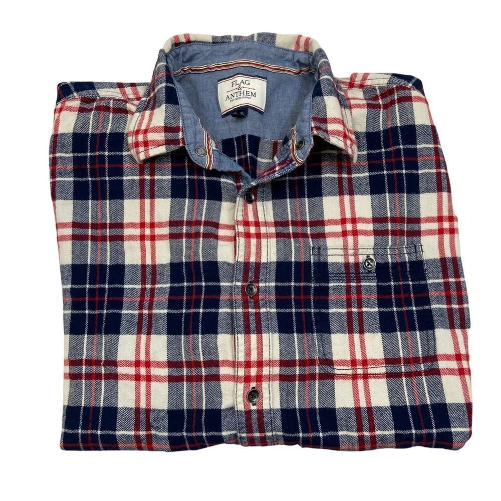 Flag & Anthem Mens‎ Blue and Red Vintage Wash Flannel Button Down Shirt Size XL